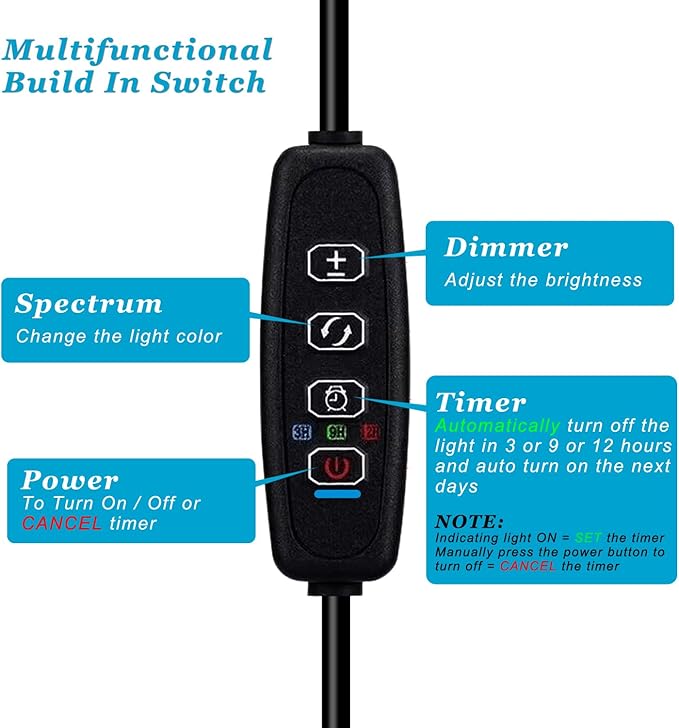 DOMICA Clip On Aquarium Light with Timer for 3 to 8 Gal Fish Tank (Dimmable Full Spectrum LED) USB Moving Lamp for Open Terrarium (Adapter NOT Included)