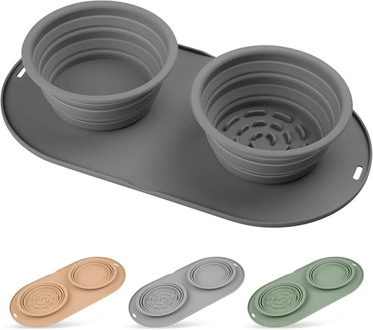 Puppy Dog Bowl,Travel Bowls Dog Food Bowls&Dog Water Bowls,No Spills,Collapsible Double Bowl,Suitable for Small and Medium Sized Dogs(Dark Grey)