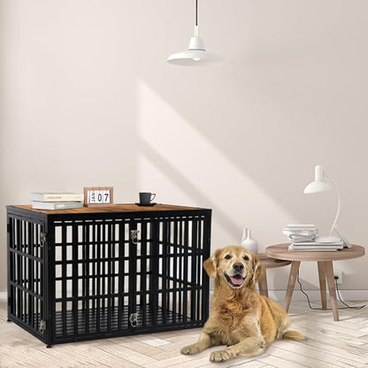 40" Dog Crate Furniture, Wooden Pet Crate End Table Decorative Dog Kennel Furniture, Heavy Duty Dog Cage for Large and Medium Dogs, Three Doors with Double Protection Lockes, Rustic Brown