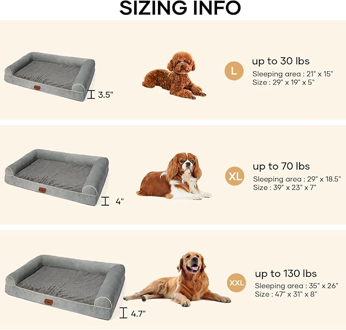Dog Beds Large Sized Dog, Orthopedic Dog Bed, Waterproof Dog Bed, Washable Dog Bed, 29" x 19" x 5" Light Gray