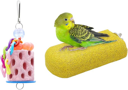 Wontee Bird Calcium Grinding Chewing Toys Bird Perch Stand for Cockatiels Conures Quaker Senegal Parrot, 2 Packs