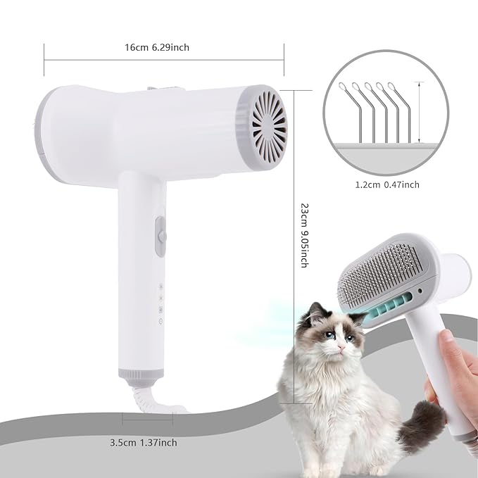 2-in-1 Dog Hair Dryer and Brush - Low Noise Operation, Overheating Protection, 3 Temperature & Airflow Settings, Self-Cleaning Button - Ideal Dog Brush for Short Haired Dogs (White Grey)