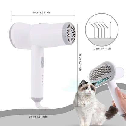 2-in-1 Dog Hair Dryer and Brush - Low Noise Operation, Overheating Protection, 3 Temperature & Airflow Settings, Self-Cleaning Button - Ideal Dog Brush for Short Haired Dogs (White Grey)