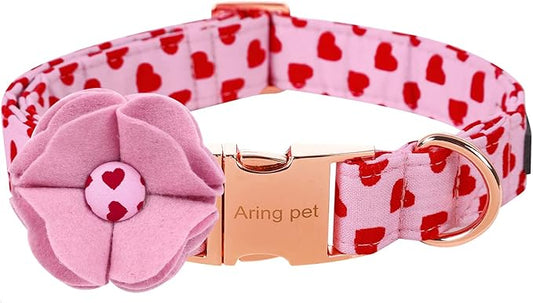 ARING PET Valentine's Day Dog Collar-Girl Dog Collar with Felt Flower, Cute Pink Heart Dog Collars Pet Collars with Metal Buckle