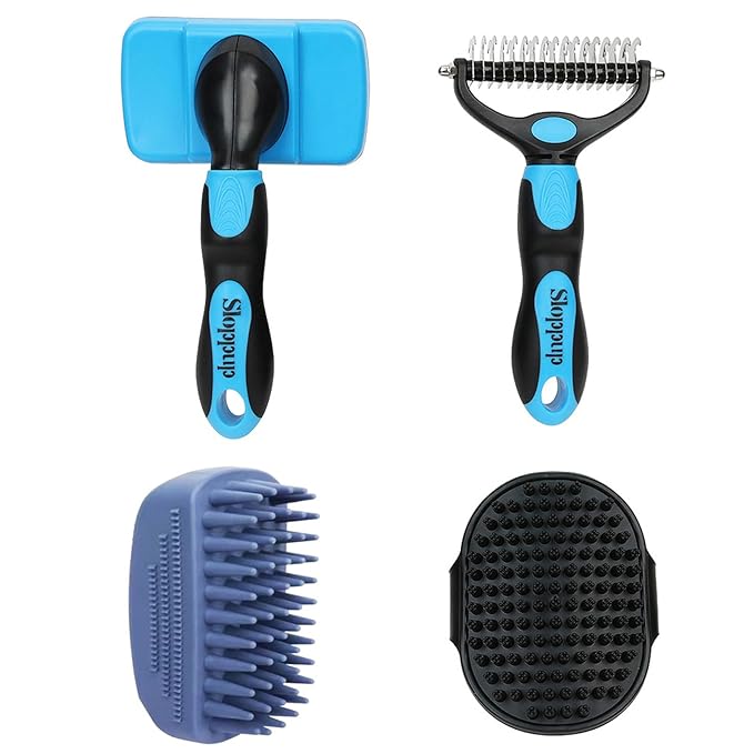 Dog Brush Kit for Grooming Short & Long Haired Dogs & Cats, 4-in-1 Pet Grooming Set with Self-Cleaning Slicker Brush, Deshedding Tool, Shampoo Bath Comb, Massge Comb (Blue Black)
