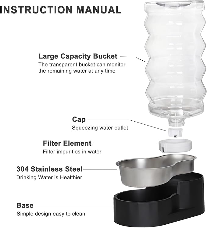 RIZZARI Large Dog Water Dispenser: Stainless Steel Pet Water Bowl - 9L Black Stainless Steel Automatic Pet Gravity Feeder with Filter Indoor/Outdoor