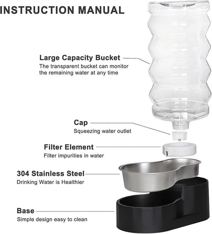 RIZZARI Large Dog Water Dispenser: Stainless Steel Pet Water Bowl - 9L Black Stainless Steel Automatic Pet Gravity Feeder with Filter Indoor/Outdoor