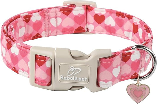 Valentine's Day Dog Collar - Cute Pink Valentines Dog Collar Girl Boy Durable Adjustable Love Heart Pattern Charm Dog Collars for Small Medium Large Dogs XS