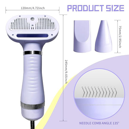 Spray Cat Brush for Shedding Pet Hair Dryer with Slicker Brush - Home Grooming Furry Portable Drying Blower for Short Straight Hair Cat - 3 in 1 Cleaning Brush for Cats and Dogs (PURPLE)