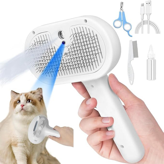 Cat Steam Brush, 4 in 1 Steamy Pet Brush For Cats & Dogs, Spary Cat Brush For Pet Grooming, Cats Dogs Hair Comb With Release Buttom and Water Tank, Cats Dogs Cleaning Brush (White Long Brush)
