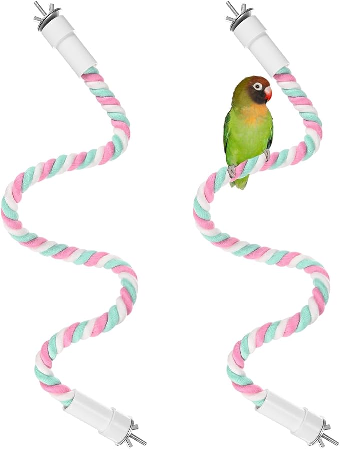 2-Pack Rope Perches for Bird Cages, 23.6 in Length Comfort Grip Flexible Rope Perch Beak & Paw Grinding for Parrots/Cockatiels/Parakeets, Bird Platform Sand [Pink Cyan]