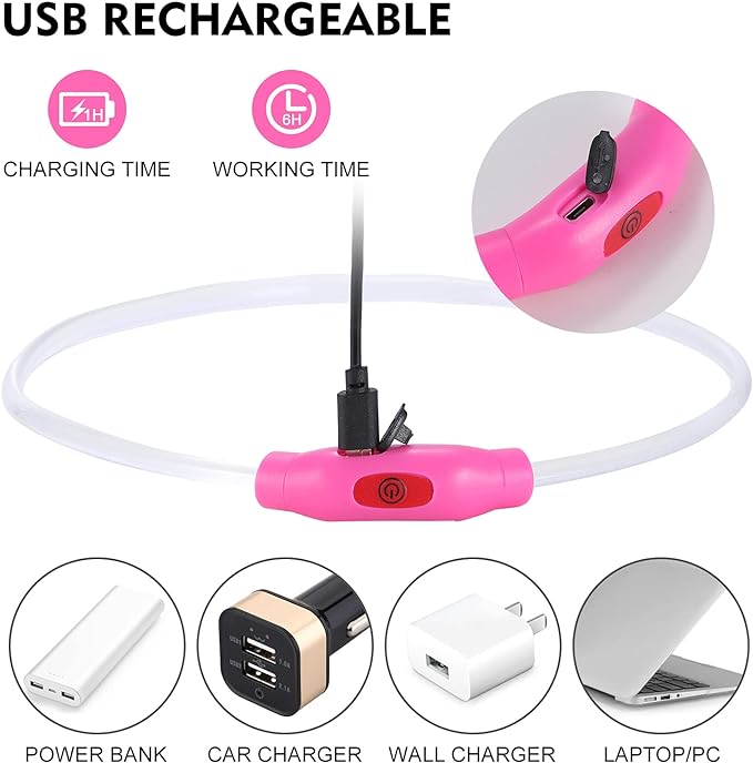 LED Dog Collar, Rechargeable Light Up Dog Collars,IP67 Waterproof Dog Lights for Night Walkingï¼_djustable, Reusable Safety Necklace for Small Medium Large Dogs (Pink)