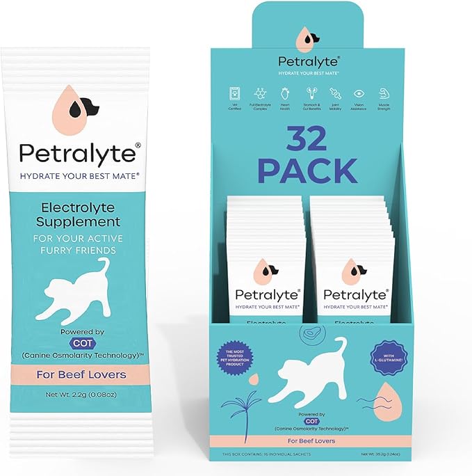 Petralyte Dog Electrolytes and Joint Supplement | Hydration Support for Dogs w/Glucosamine, Chondroitin & More | Electrolytes for Dogs with Prebiotics | for Beef Lovers | 32 Packets