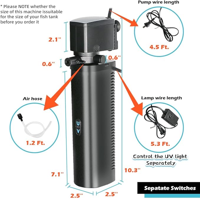 COOSPIDER Aquarium Filter 200GPH U-V Fish Tank Green Clean Machine for 20-75 Gal Tank, Submersible Pump Filter for Green Water, Internal Filtration System for Saltwater Freshwater Crystal Clear