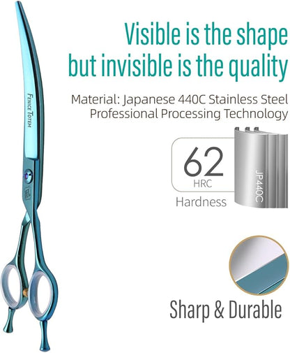 Dog Grooming Scissors: Blueish Green 7 inch Professional Pet Curved Shears Made Of Japanese 440C Advanced Stainless Steel for Dogs Cats and Other Pets