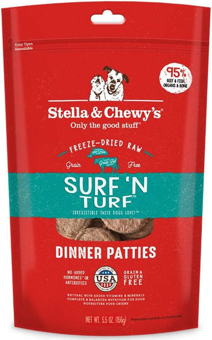 Stella & Chewy's Freeze Dried Raw Dinner Patties  Grain Free Dog Food, Protein Rich Surf _ Turf Salmon & Beef Recipe  5.5 oz Bag