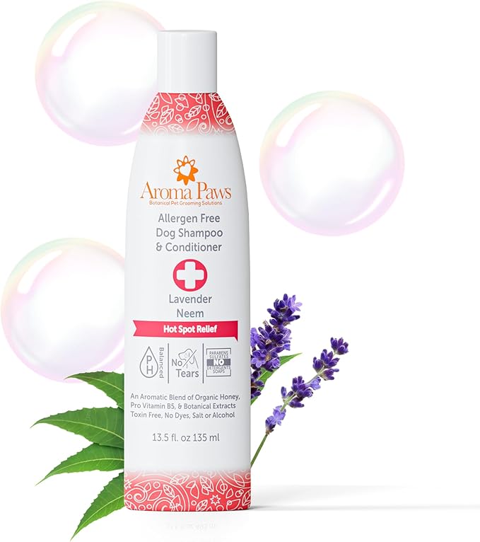 Dog Shampoo and Conditioner - Tearless Shampoo for Cleansing, Grooming, and Conditioning - Hot Spot Treatment Shampoo for Dogs and Puppies - Lavender and Neem 13.5 oz