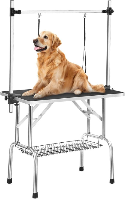 46" Dog Grooming Table, Adjustable Grooming Table for Dogs at Home, Foldable Pet Grooming Table with Arm, Noose, Mesh Tray, Portable Large Dog Grooming Table Maximum Capacity 300 LBS, Black