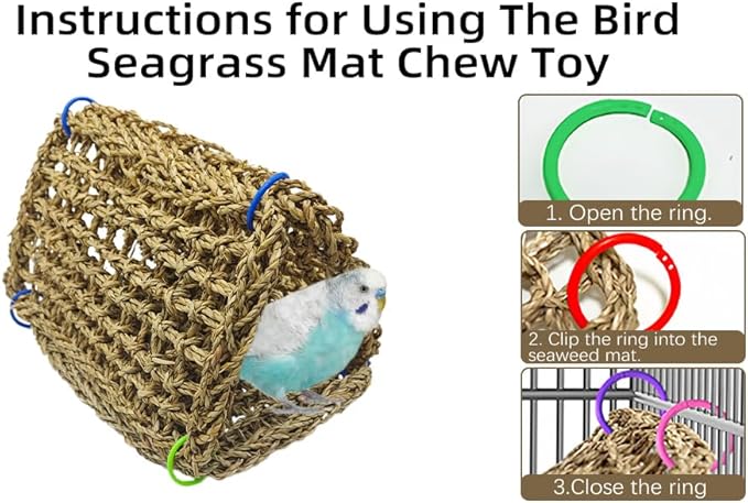 Tfwadmx Large Bird Seagrass Hammock, 3Pcs 7x11.8in Seagrass Mat for Birds, Hanging Parrot Toys, Counre House Hut Hideout for Parakeets, Lovebirds, Budgies, Cockatiels