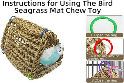 Tfwadmx Large Bird Seagrass Hammock, 3Pcs 7x11.8in Seagrass Mat for Birds, Hanging Parrot Toys, Counre House Hut Hideout for Parakeets, Lovebirds, Budgies, Cockatiels