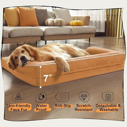 Large Dog Bed Orthopedic Washable, Orthopedic Dog Beds for Large Dogs, Washable Cover Removable Bolster and Non-Slip Bottom Large Pet Beds, XL XLarge Extra Large Dogs - Orange Dog Bed