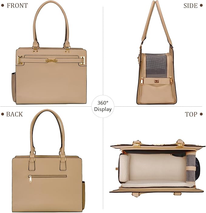 2-in-1 Stylish Dog Purse Carrier Soft-Sided Carriers Travel Tote Bag for Small Dogs Cats, Fashion Foldable Pet Bag for Puppies Small Animals with Pockets (Khaki, 15" L x 7.5" W x 12.2" H)