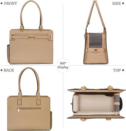2-in-1 Stylish Dog Purse Carrier Soft-Sided Carriers Travel Tote Bag for Small Dogs Cats, Fashion Foldable Pet Bag for Puppies Small Animals with Pockets (Khaki, 15" L x 7.5" W x 12.2" H)