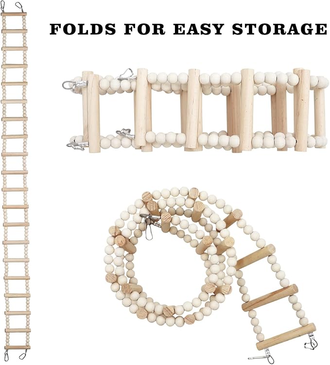 Long Bird Ladder with Wooden Rungs and Beads, Parakeet Climbing Swing Toys, Bird Cage Accessories, Wooden Climbing Bridge Toys for Parrots, Rat, Sugar Gliders, Squirrels, Snakes