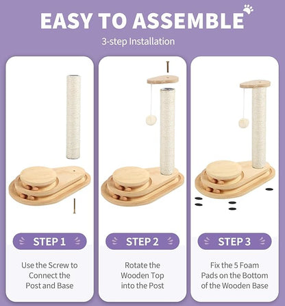 Made4Pets Cat Scratching Post Cat Scratcher Kitten Toys for Indoor Cats Wooden Ball Track Two-Layer Modern Sisal 17.7" Tall Scratch Post Interactive Toy with Dangling Ball