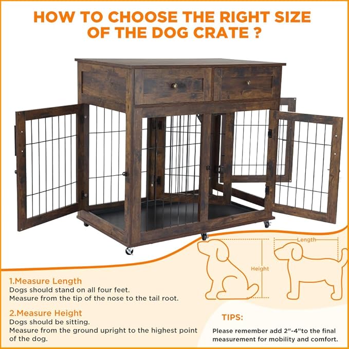 Double Dog Crate Furniture with 2 Drawers,Wooden Dog Crate End Table,2 Dogs Wooden Dog Cage Dog House for Small/Medium/Large