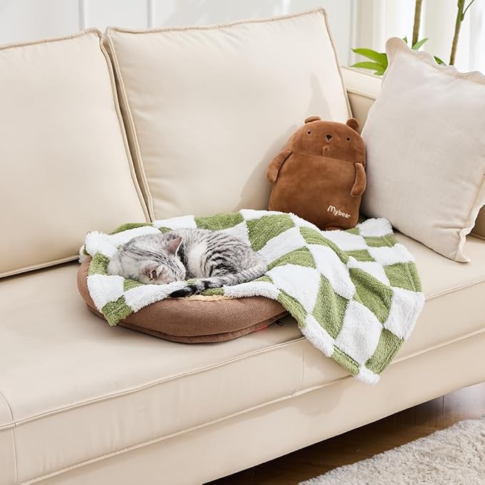 Qeils Jacquard Dog Blankets for Small Dogs, Cozy Calming Blanket for Indoor Cats, 280GSM Coral Fleece Plush Fluffy Throw Blanket, Sage Green Checkered, 25x30IN