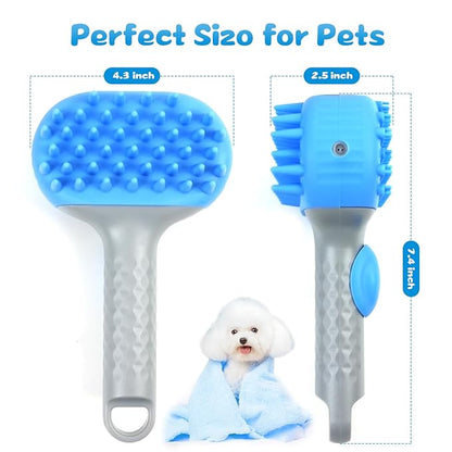 2 in 1 Dog Bath Brush, Soft Silicone Grooming Brush with Handle Shampoo Dispenser Shower Brush for Short Long Hair Dogs Cats Washing Massaging (Blue)