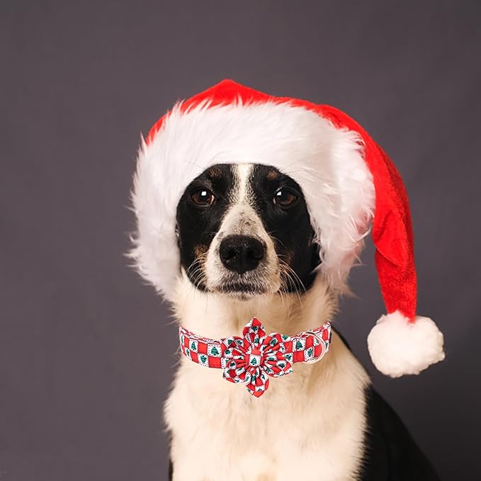 MR. CHUBBYFACE Christmas Dog Collar with Flower, Adjustable Christmas Tree Dog Collar with Metal Buckle, Cute Durable Cotton Boy Girl Dog Collars for Small Medium Large Dogs