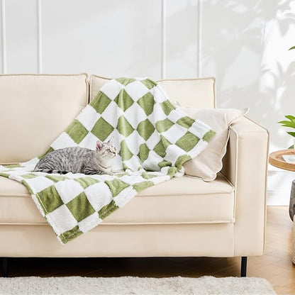 Qeils Jacquard Dog Blankets for Large Dogs, Cozy Calming Cat Blankets Washable, 280GSM Coral Fleece Plush Fluffy Throw Blanket, Sage Green Checkered, 30x40IN