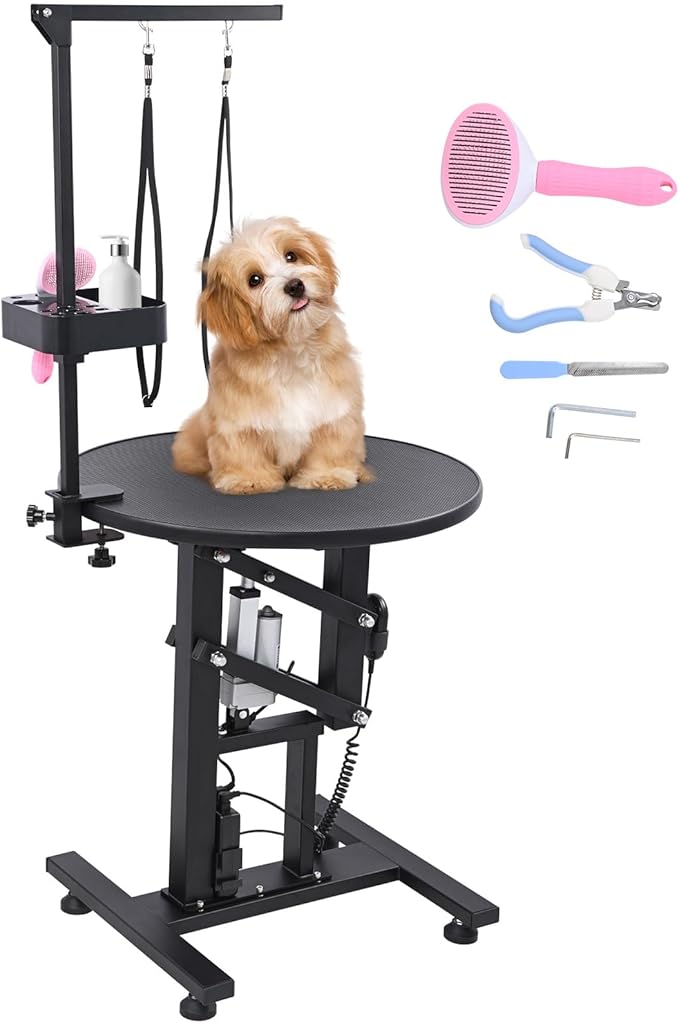 24" Electric Dog Grooming Table, Fast Lift Heavy Duty 360° Rotating Pet Grooming Desk for Small Dogs with Anti Skid Tabletop, Remote, Grooming Set, Tool Organizer, Black