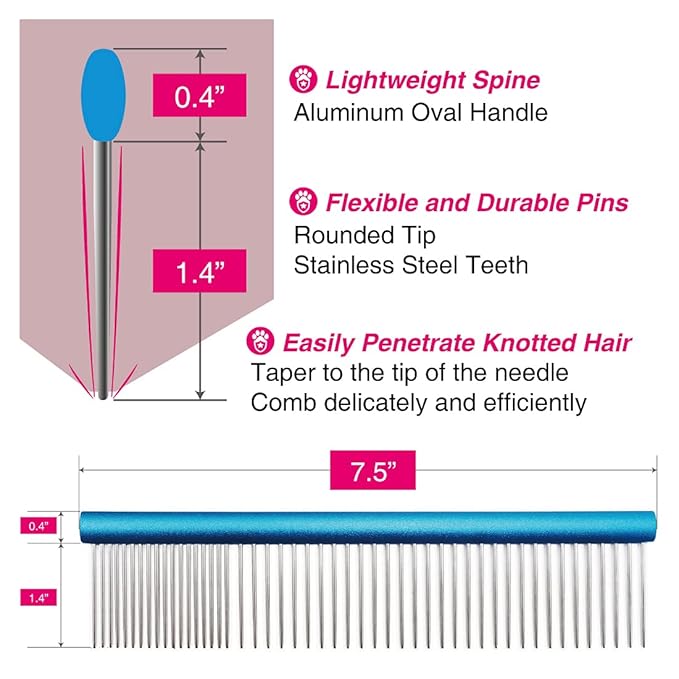 7.5" Greyhound Oval Grooming Comb  Blue Aluminum Spine, Stainless Steel Teeth Comb for Long-Haired Dogs & Cats, Removes Mats, Tangles, and Loose Fur  Lightweight for Long Time Deshedding