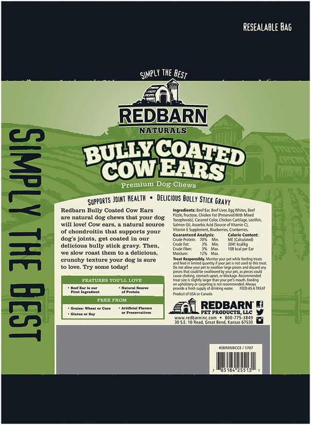 Redbarn All-Natural Bully Coated Cow Ears Chews for Dogs - Premium Crunchy Dental Treats with Chondroitin for Joint Health - Made in USA with No Artificial Ingredients - 4.2 oz Bag