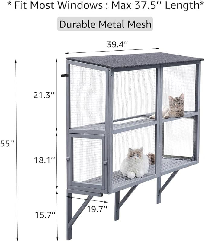 beeNbkks Cat Catio, 2-Tier Window Box Enclosure for Multiple Indoor Cats, Expandable Wooden Pet Perch House, Secure Comfortable Outdoor Haven, All Weather Use, Nature-Friendly Design