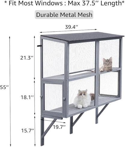 beeNbkks Cat Catio, 2-Tier Window Box Enclosure for Multiple Indoor Cats, Expandable Wooden Pet Perch House, Secure Comfortable Outdoor Haven, All Weather Use, Nature-Friendly Design