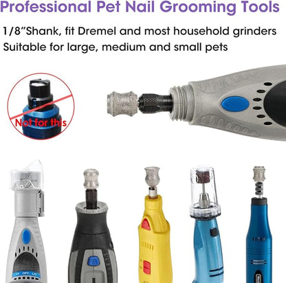 Dog Nail Grinder Bits for Dremel - Diamond Dog Nail Grinder Attachment for Large Medium Small Dogs Nail Care - 1/8'' Painless Nail Grinder Bits Won't Pull Hair or Get Hot