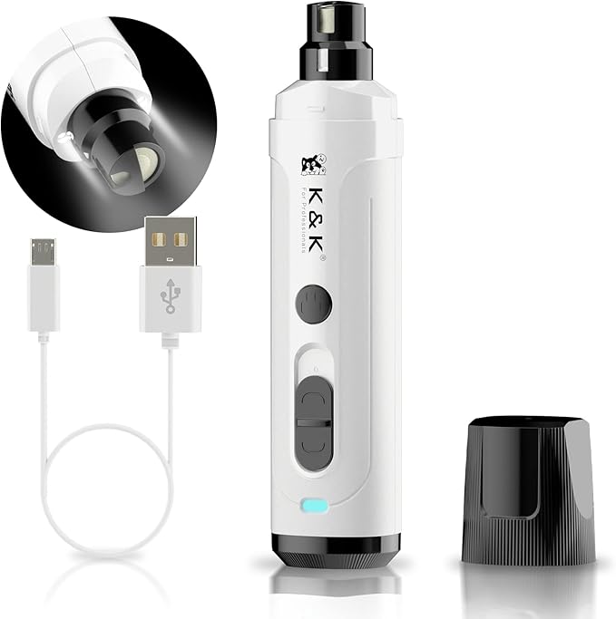 K&K Dog Nail Grinder with 2 LED Light for Large Medium Small Dogs Professional 2-Speed Powerful Electric pet Nail Clipper which Gentle and Painless Paws Grooming & Smoothing Tool (White)