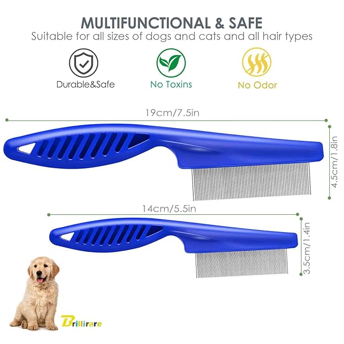 4 Pack Dog Grooming Comb, Pet Flea Lice Combs, Stainless Steel Pet Combs with Rounded Teeth, Professional Metal Cat Tear Stain Remover, Dematting Tool for Small, Medium & Large Pets