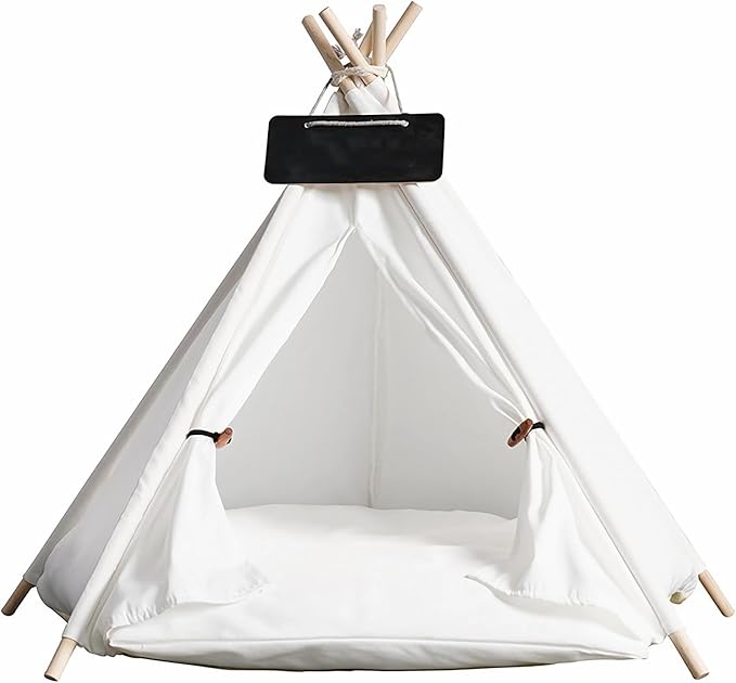 Dog & Cat Teepee Tent Bed - Portable Indoor/Outdoor Pet Tent with Cozy Cushion, Removable & Washable, White, M