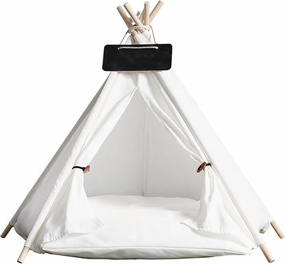 Dog & Cat Teepee Tent Bed - Portable Indoor/Outdoor Pet Tent with Cozy Cushion, Removable & Washable, White, M