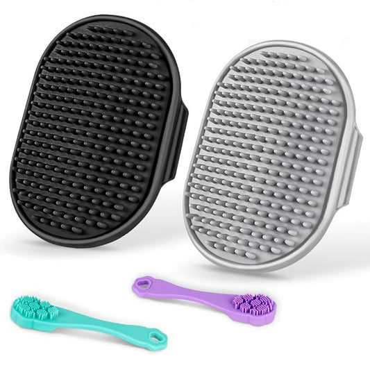4PCS Dog Bath Brush | Scrubber for Bath | Shampoo Brush | Toothbrush | Finger Toothbrush | Dog Shower/Washing Brush with Adjustable Ring Handle - Pet Bath Supplies (Black Grey)