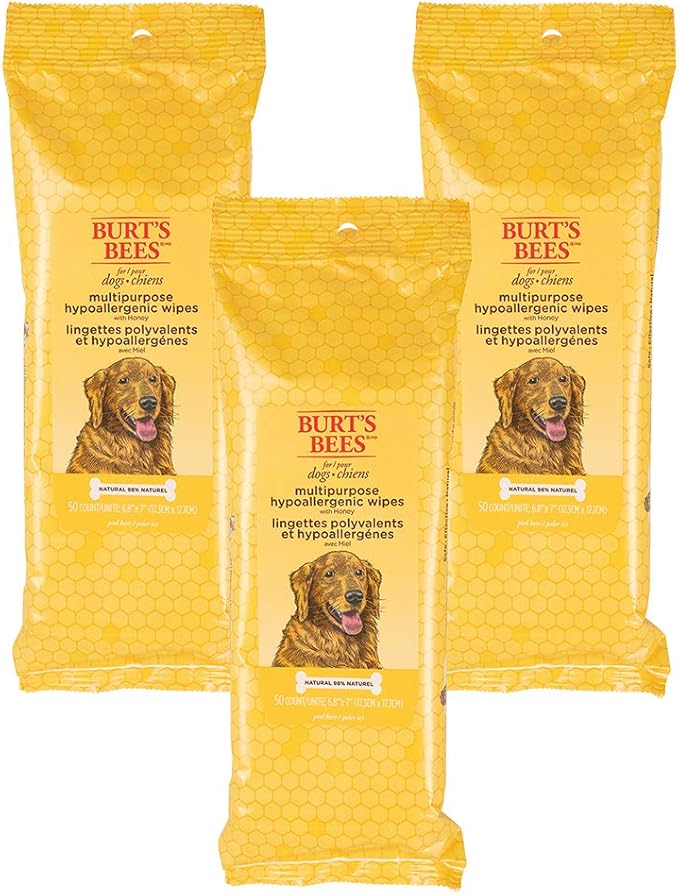 Burt's Bees for Pets Multipurpose Dog Wipes with Honey, 98% Natural Origin Formulas, Hypoallergenic Dogs Wipe, Canine Cleaning Sheets for Paws and Butt, 3 pk, 50ct