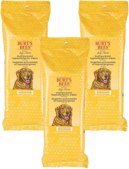 Burt's Bees for Pets Multipurpose Dog Wipes with Honey, 98% Natural Origin Formulas, Hypoallergenic Dogs Wipe, Canine Cleaning Sheets for Paws and Butt, 3 pk, 50ct