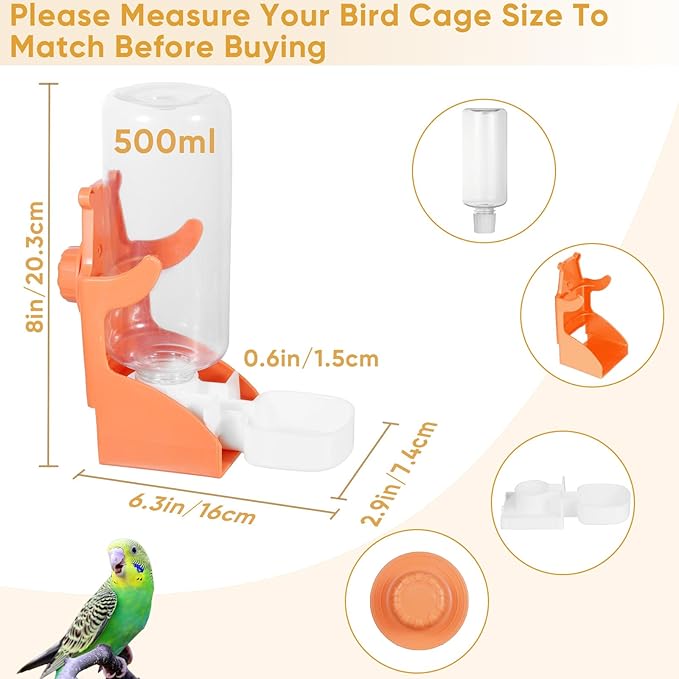 No Mess Bird Feeder for Cage, Automatic Drinker for Parakeet, Canary & Budgies (Orange)
