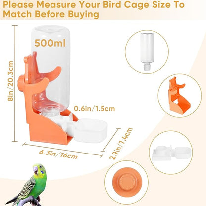No Mess Bird Feeder for Cage, Automatic Drinker for Parakeet, Canary & Budgies (Orange)