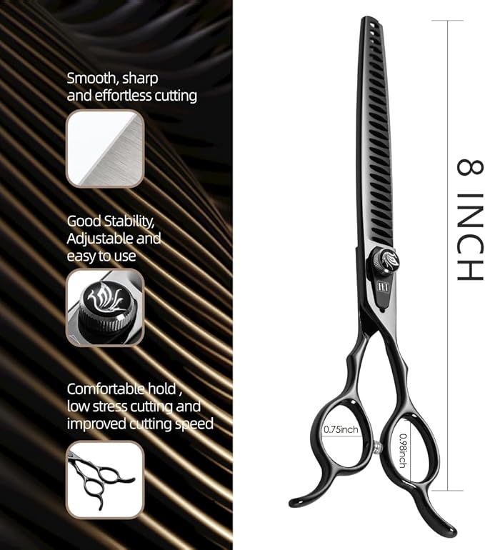 Dog Grooming Scissors: 8.0 inch Bright Black Pet Chunker Shears Made Of Japanese 440C Advanced Stainless Steel Professional Grooming Scissors for Dogs Cats and Other Pets